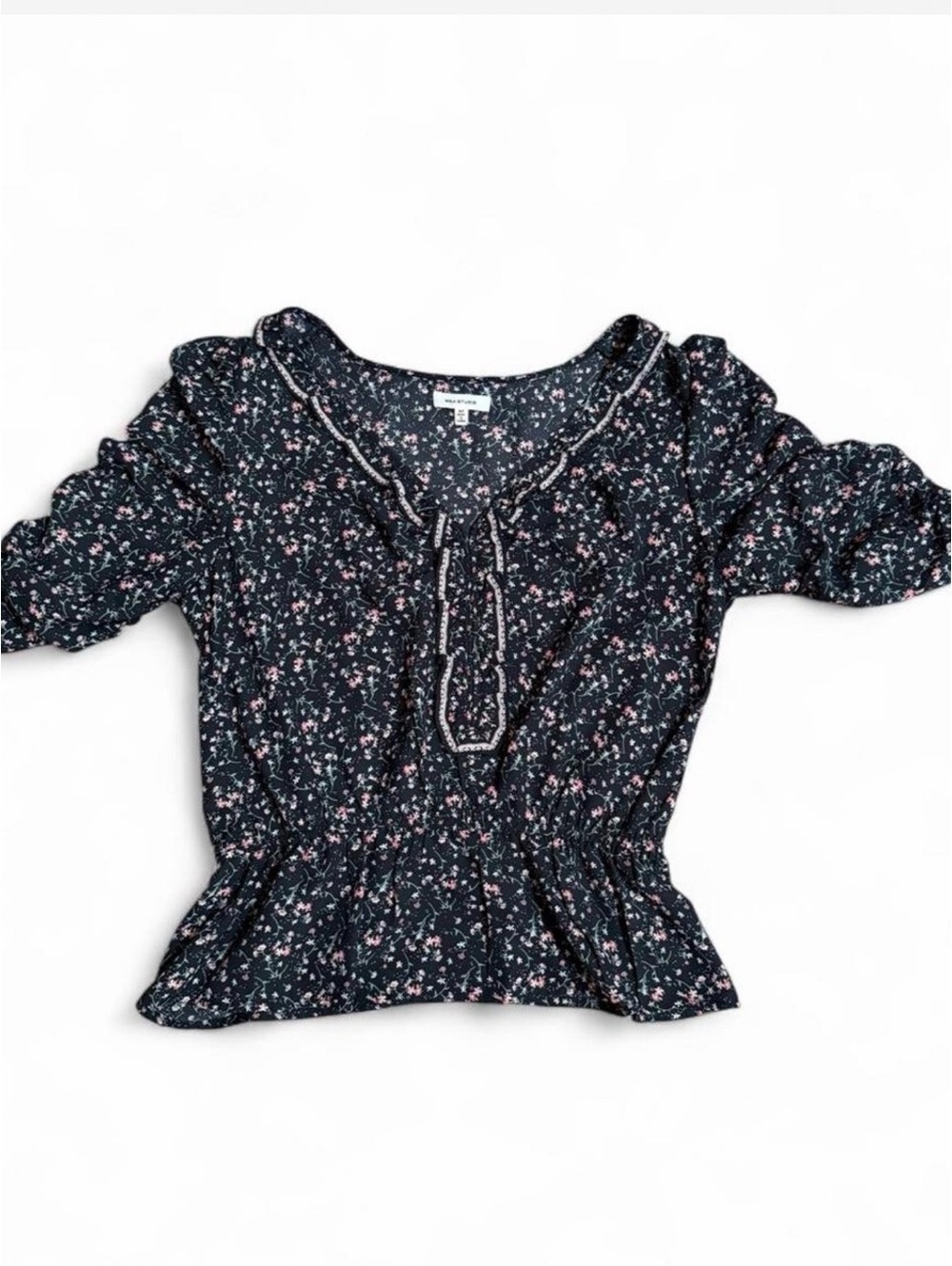 Max Studio Black Blouse with Pink Floral Tie Detail